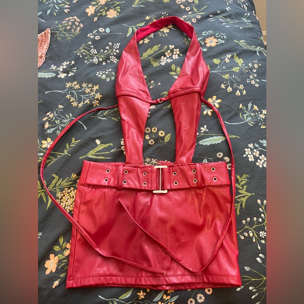 COPY - Red leather two piece mini skirt/halter top